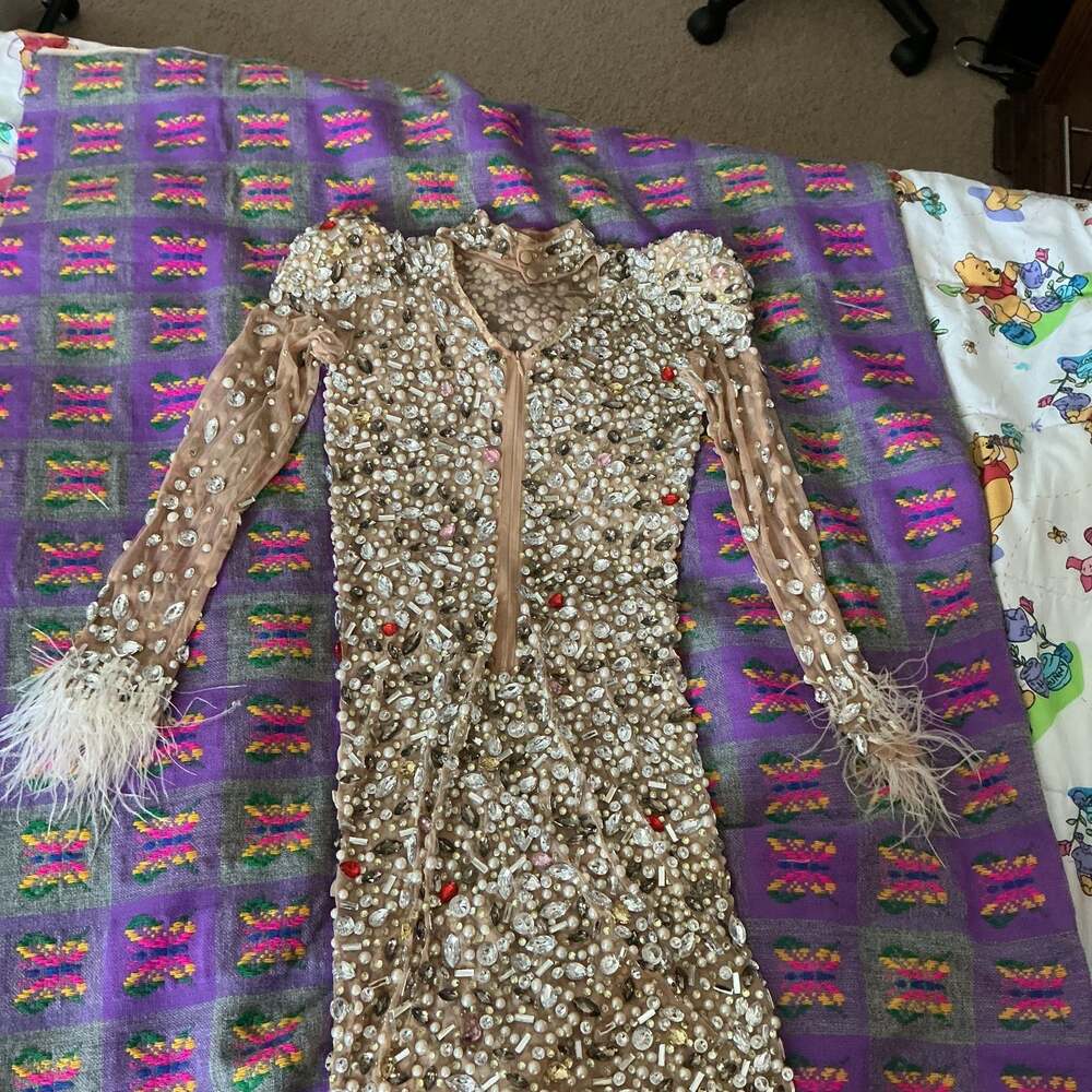 Glamorous Nude Mesh Rhinestone Mini Dress with Feather Cuffs
